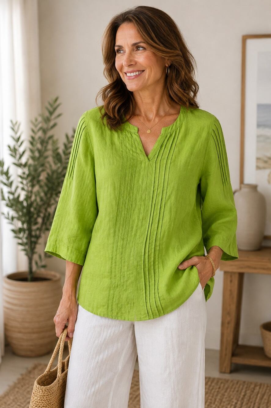 oofan Linen Women’s Medium Lime Green Pintuck 3/4 Sleeve Tunic Blouse